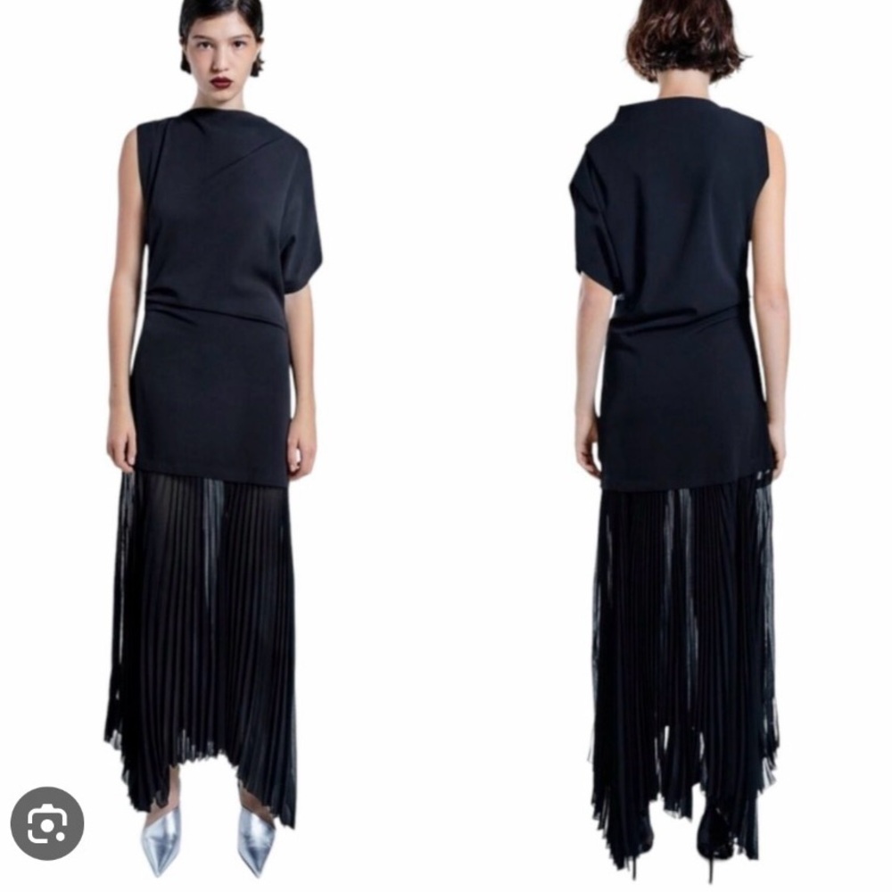 Zara Asymmetric Black Sleeveless Dress with Pleated Skirt Size M